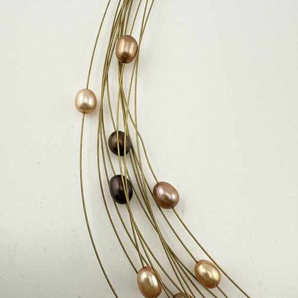 Honora Pearl Necklace Illusion Wire Gold Tone Peach Brown Oval Multi Strand Box - Picture 5 of 14